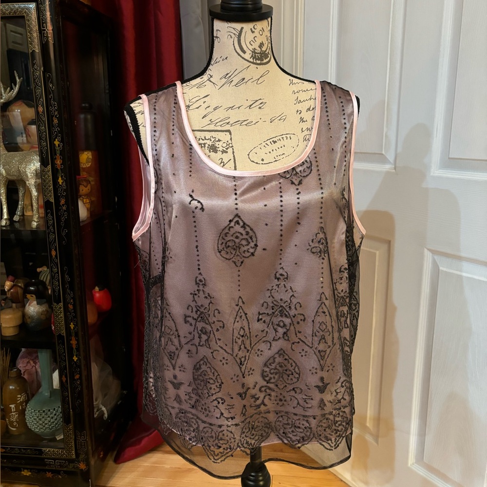 K Studio Collection Lace Beaded Sleeveless Satin Top